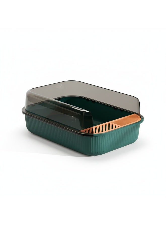 EPET Cat Litter Box with Anti-Scatter Fence Design - Easy Clean Plastic Kitty Toilet (Retro Green) - Image 1